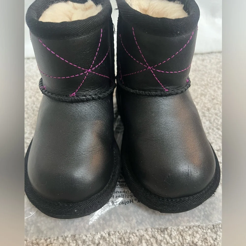 UGG Classic Mini Black Leather Boots with Pink Accents